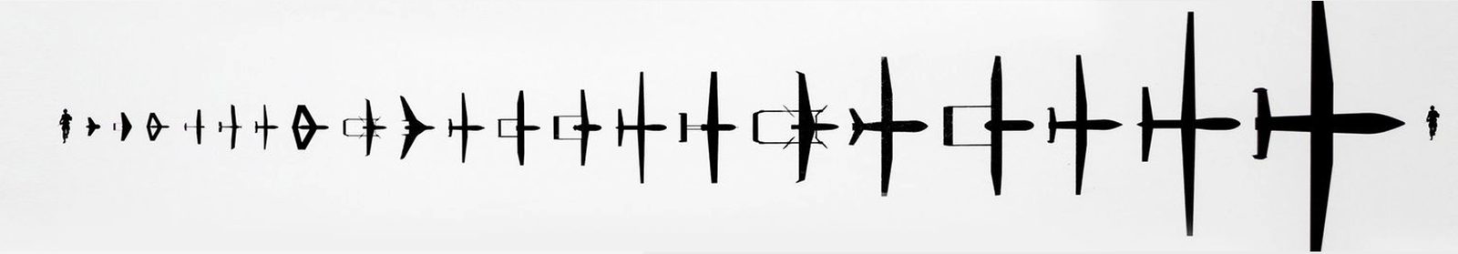Silhouettes showing the evolution of Epsilon unmanned aerial system models, with human figures at each end for scale
